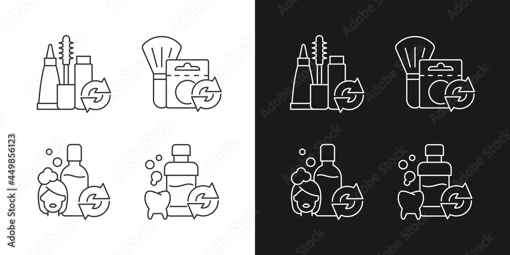 Reusable options linear icons set for dark and light mode. Mascara refill. Shampoo for hair care. Mouth wash. Customizable thin line symbols. Isolated vector outline illustrations. Editable stroke Reusable options linear icons set for dark and light mode. Mascara refill. Shampoo for hair care. Mouth wash. Customizable thin line symbols. Isolated vector outline illustrations. Editable stroke
