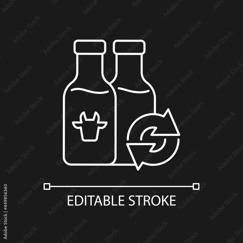 Refillable milk bottles white linear icon for dark theme. Glass bottle for lactose drink. Thin line customizable illustration. Isolated vector contour symbol for night mode. Editable stroke