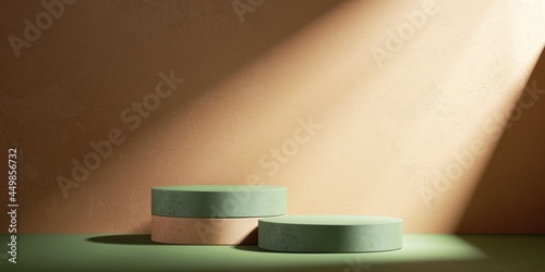 3d render, abstract terracotta background with empty green cylinder podiums for product presentation, illuminated with the sunlight rays photo