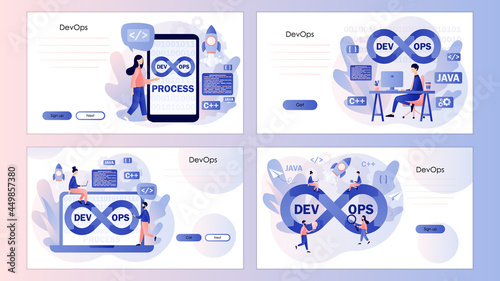 DevOps concept. Tiny programmers practice of development and software operations. Screen template for landing page, template, ui, web, mobile app, poster, banner, flyer. Vector illustration