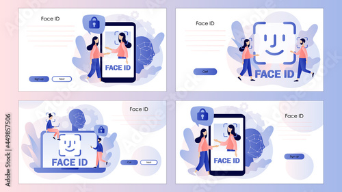 Face recognition using a laser ID. Tiny people scans face use smartphone or laptop. Data security. Screen template for landing page, template, ui, web, mobile app, poster, banner, flyer. Vector  © Marta Sher