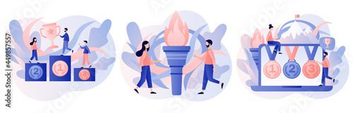 Olympic games. Pedestal sport. Tiny people winners stand on athletic podium. Gold silver and bronze medals. Flame. Modern flat cartoon style. Vector illustration on white background