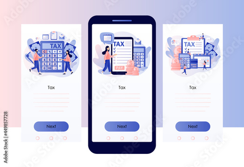 Online Tax payment. Business concept. Tiny people filling tax form and pay bills. Payment deadline. Screen template for mobile, smartphone app. Modern flat cartoon style. Vector illustration