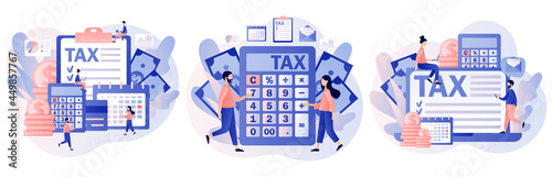 Online Tax payment. Business concept. Tiny people filling tax form and pay bills. Financial charge, obligatory payment calculating. Modern flat cartoon style. Vector illustration on white background photo
