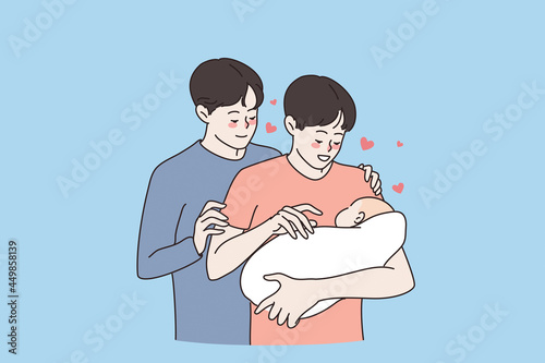 Relations and rights of homosexual partners concept. Happy smiling loving same sex couple men standing holding newborn baby adopting child to family vector illustration 