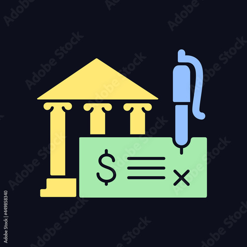 Bank draft RGB color icon for dark theme. Payment providing. The funds for the recipient guaranteeing. Isolated vector illustration on night mode background. Simple filled line drawing on black