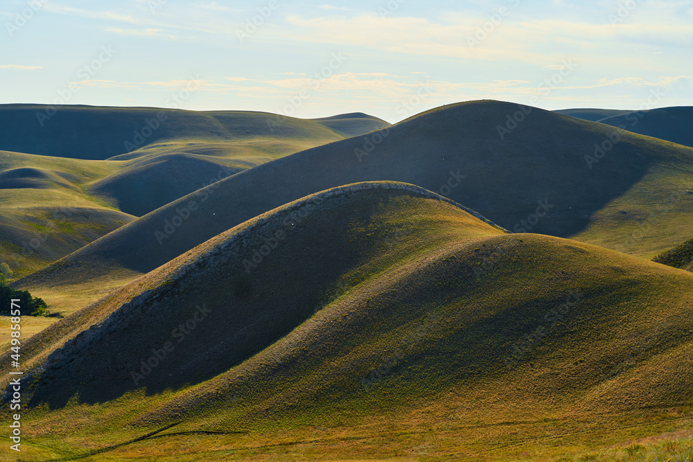 View of the Long Mountains Ridge. The beginning of the Ural mountains. Orenburg region.