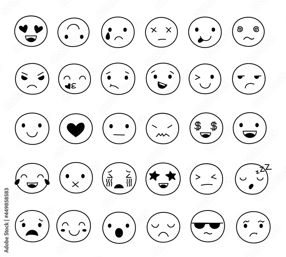 Doodle smile emoticons. Image emoticon, doodling emotional faces. Fun pictograms, isolated outline laugh sad emoji exact vector set