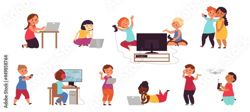 Kid playing computer. Happy friends play games, smartphone gaming. Young phone users, online video or social media addiction decent vector set