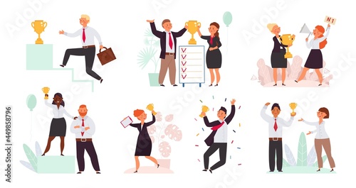 Business winner success characters. Best employees, office person stand on podium. Man woman hold trophy, award celebrations decent vector scenes