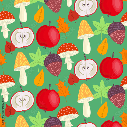 Autumn woodland pattern with mushrooms and leaves