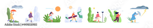 Various weather character. Season girl, human outdoor with umbrella. Raining autumn, summer winter walk. Windy cloudy day utter flat vector concept