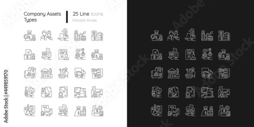 Business assets linear icons set for dark and light mode. Company owned items. Resources for productivity. Customizable thin line symbols. Isolated vector outline illustrations. Editable stroke