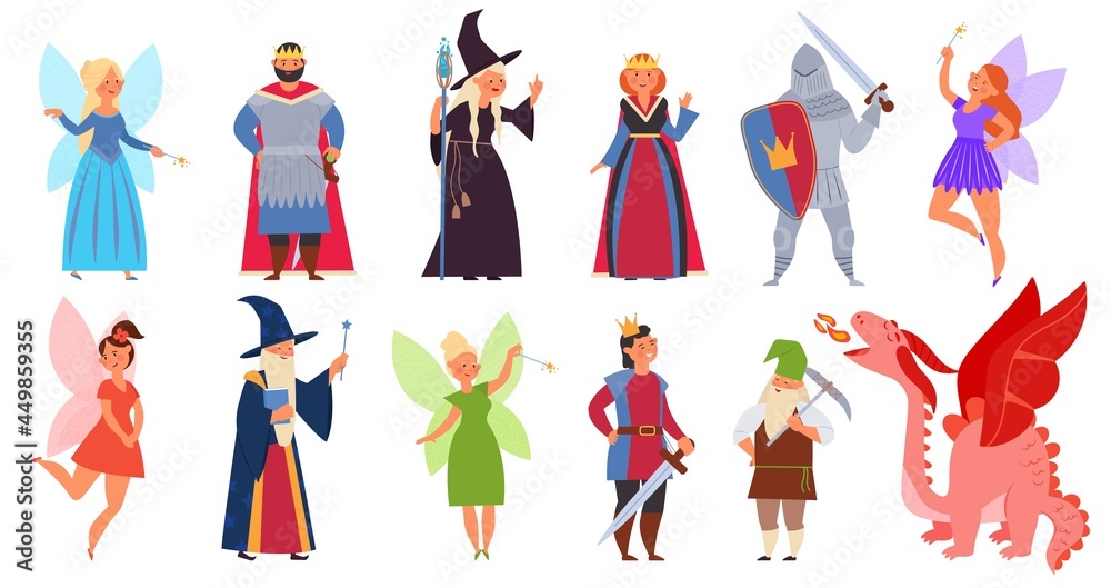 Fairy tale clipart. Medieval magician characters, cartoon fairy girl dragon and fantasy wizard. Halloween clothes, child book story decent vector set