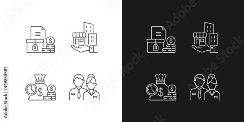 Building ownership linear icons set for dark and light mode. Account receivable. Business investment. Customizable thin line symbols. Isolated vector outline illustrations. Editable stroke