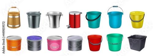 Realistic buckets. Paint packaging, metal bucket. Isolated 3d products, plastic container mockup and wood bin vector design