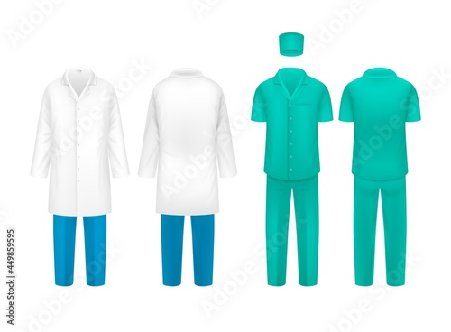 Realistic doctor suit. Nurse doctors uniforms, isolated clinic surgery clothes. Science lab coat, research shirt and pants vector set
