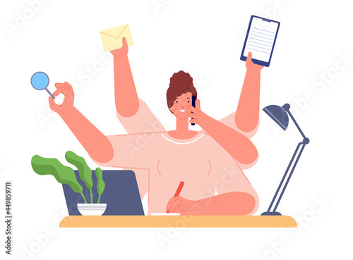 Multitasking girl work. Isolated workload woman, manager many tasks. Successful executive career, busy businesswoman organize job utter vector concept