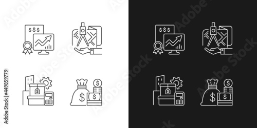 Assets management linear icons set for dark and light mode. Cash and marketable securities. Public stock. Customizable thin line symbols. Isolated vector outline illustrations. Editable stroke