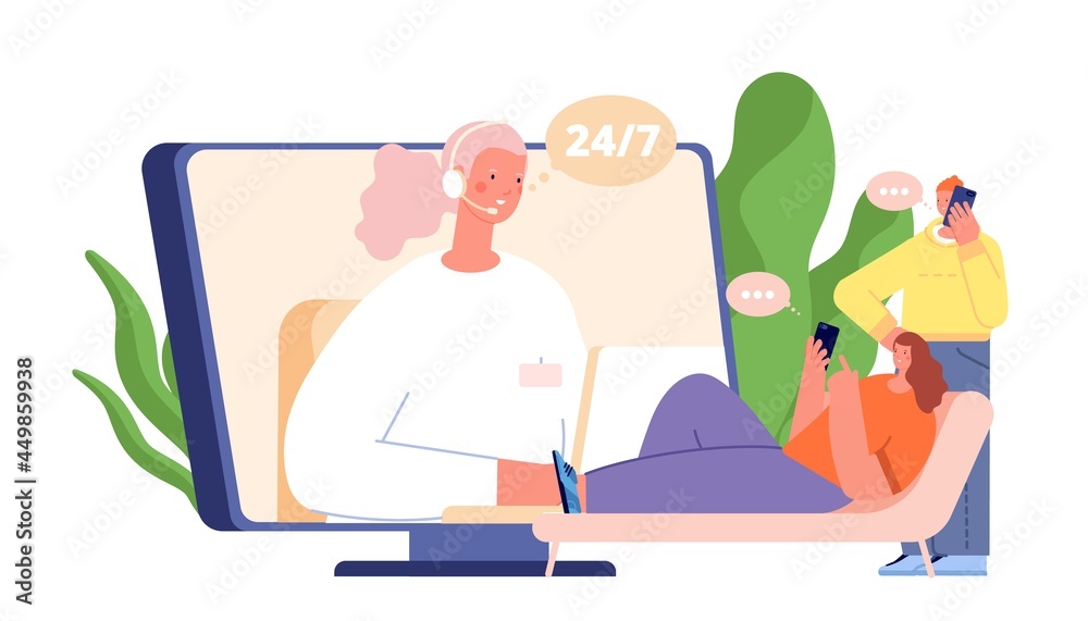 Obraz premium Online helping service. Personal supporter, consulting and supporting. Virtual help business operator, psychology therapy session utter vector scene