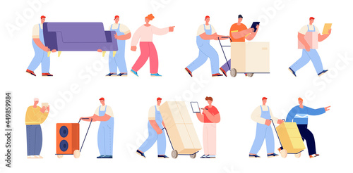 Moving and delivery service. Women delivering box  movers and clients. Warehouse workers  men helping relocation  carrying furniture utter vector set