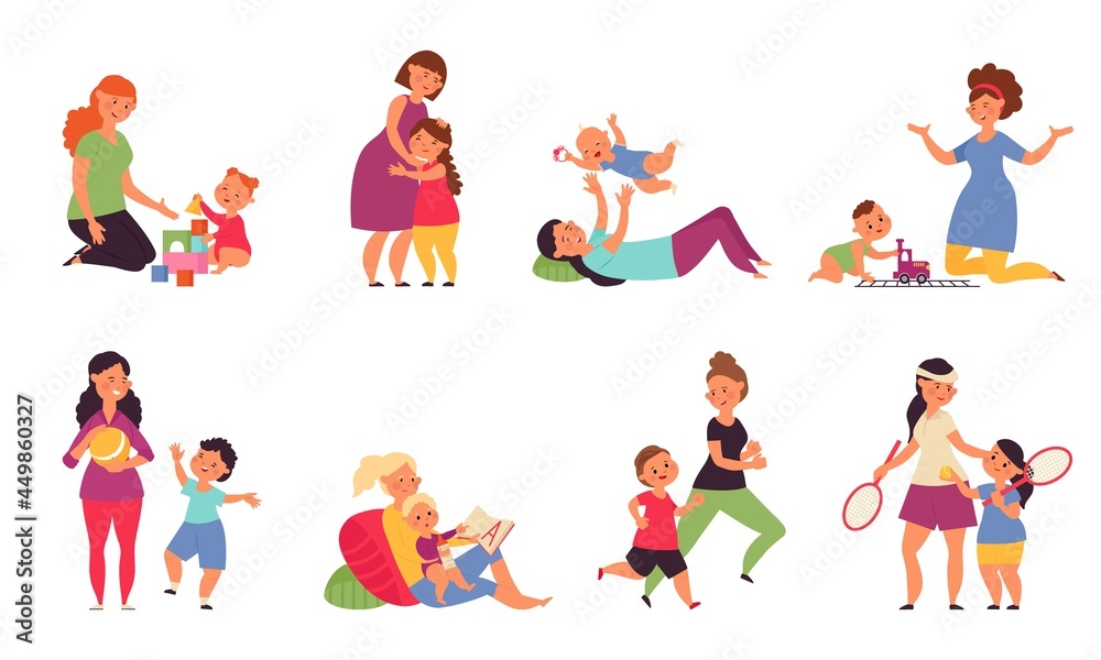 Mother playing with kids. Boys play, child sitting on mothers kneets. Little baby and young mom, smiling sweet toddler decent vector cartoon characters