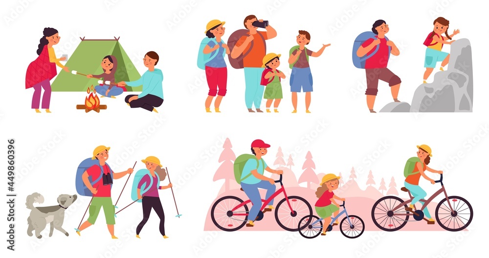 Family nature adventures. Happy trekking, cartoon tourist hiking. People in camping, active fun lifestyle. Outdoor hike walk decent vector set