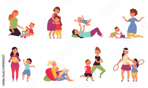 Mother playing with kids. Boys play  child sitting on mothers kneets. Little baby and young mom  smiling sweet toddler decent vector cartoon characters