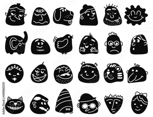 Emotional abstract avatars. Negative friend avatar, isolated emotions face. Drawn smile mouth, flat funny black humor decent vector characters