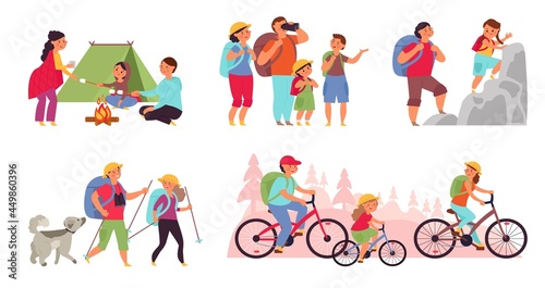 Family nature adventures. Happy trekking, cartoon tourist hiking. People in camping, active fun lifestyle. Outdoor hike walk decent vector set © MicroOne
