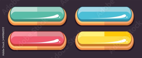 Computer games user interface buttons. Button cartoon style or glossy banners. Gaming elements, web or game design vector set