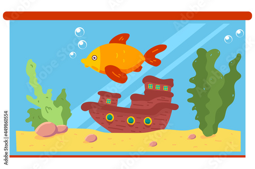 Aquarium with goldfish and boat vector cartoon illustration isolated on a white background.