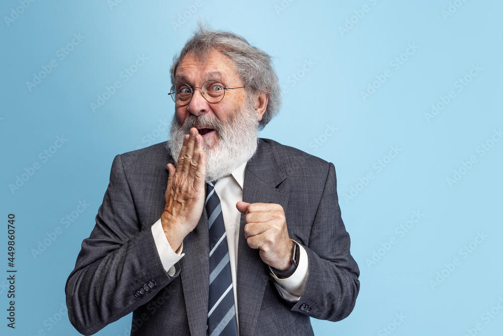 Crazy professor, teacher, gray-headed bearded man posing isolated on gray studio background. Concept of professional occupation, job, education, funny meme emotions Crazy professor, teacher, gray-headed bearded man posing isolated on gray studio background. Concept of professional occupation, job, education, funny meme emotions