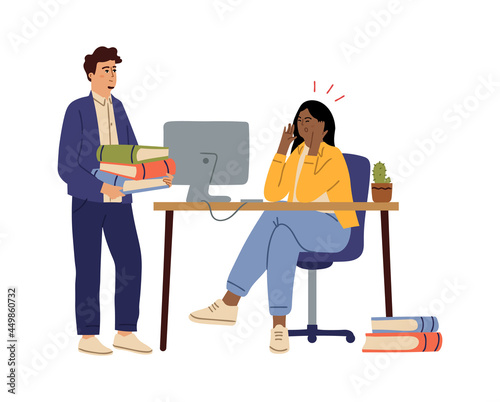 Office workers. Tired woman, overworking managers. Isolated cartoon man with books or paper folders. Angry female boss working on computer vector concept