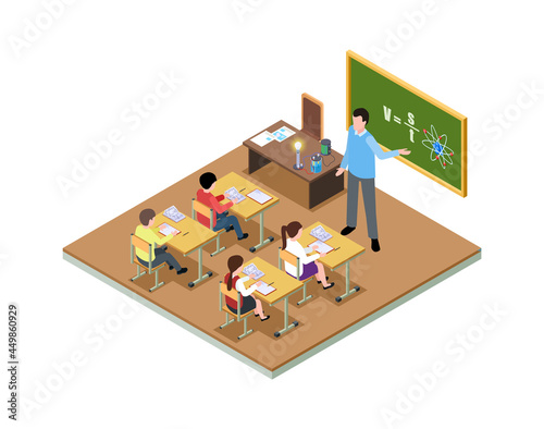 Student study. Isometric classroom, school lesson education. Cartoon teacher near chalkboard, children sitting at desks vector illustration