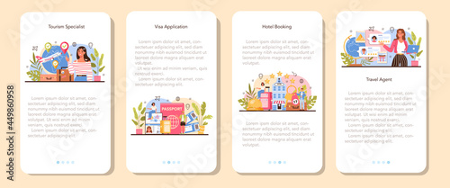 Tourism specialist mobile application banner set. Travel agent selling tour