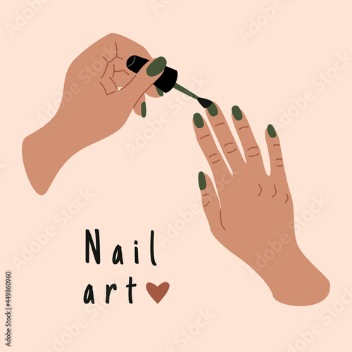 Female manicure hands. Woman painting nails, nail brush polish file, beauty spa concept. Abstract hand drawn vector card