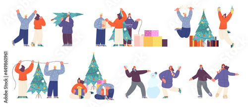 People prepare to holidays. Christmas party, friends happy new year. Couple decorate xmas tree, cute cartoon teens with gifts utter vector scenes