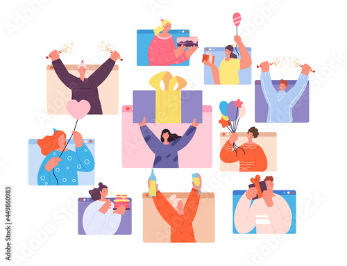 Birthday online party. Social event, woman on fun virtual festival in web. Guy celebration, fun teens celebrate holiday together utter vector concept