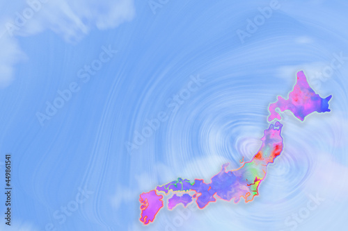 台風、異常気象の等圧線と日本列島の地図,ハザードマップのイメージ/暴風/災害/警報/夏/気象/天気予報 青空背景 photo