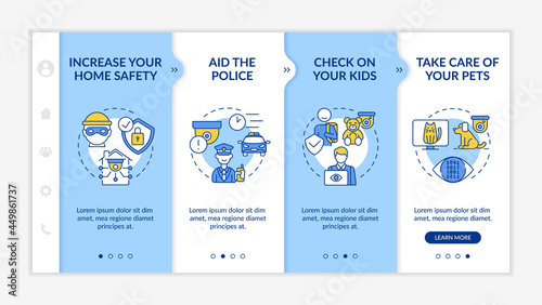 Household observation pros onboarding vector template. Responsive mobile website with icons. Web page walkthrough 4 step screens. Home security systems color concept with linear illustrations