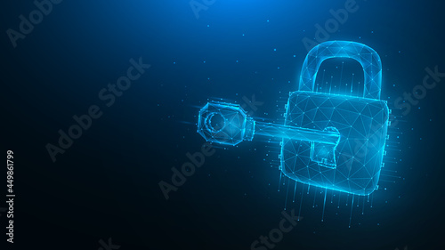 Cyber security low poly art. Polygonal vector illustration of a key and lock on a blue background. Cyber attack or data hacking concept.