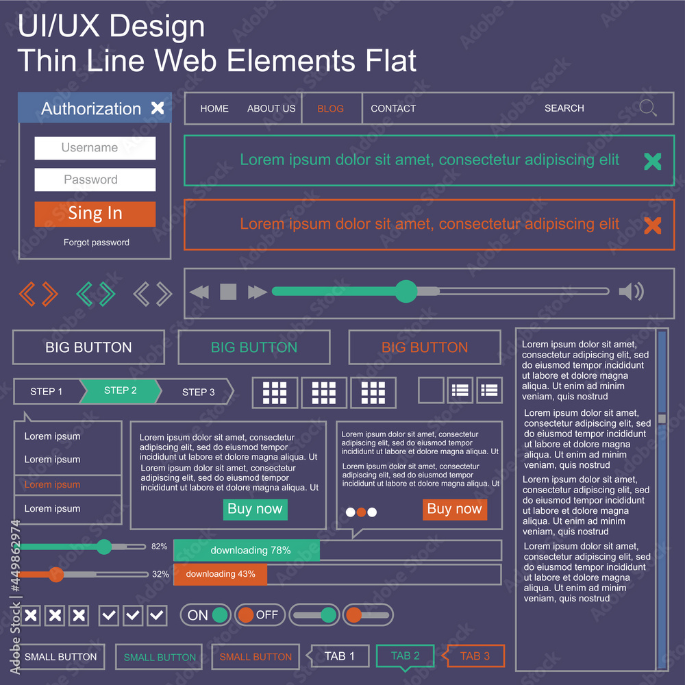 Vector UI UX kit for mobile applications and web sites. Universal user interface template with responsive design, tools and buttons. Flat menu icons and control elements on color blue background. Vector UI UX kit for mobile applications and web sites. Universal user interface template with responsive design, tools and buttons. Flat menu icons and control elements on color blue background.