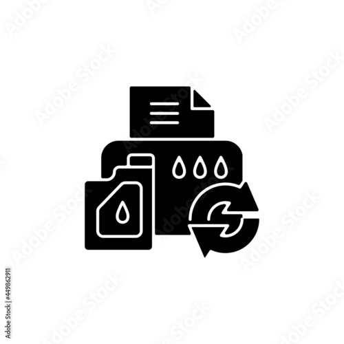 Printer cartridge refill black glyph icon. Reusable ink container for office machine. Eco friendly package. Reduce carbon print. Silhouette symbol on white space. Vector isolated illustration photo
