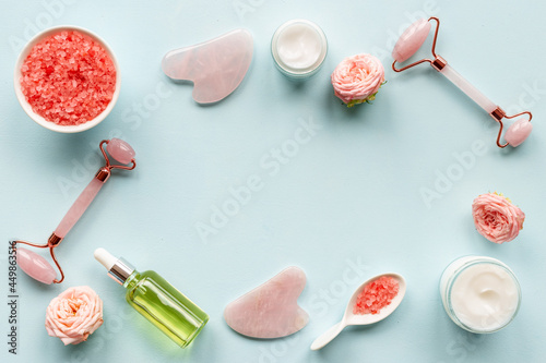 Cosmetics products with gua sha face massage stone and roller