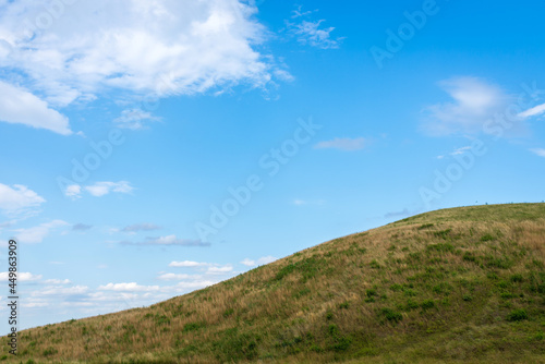 Summer mountain green grass and blue sky white clouds landscape