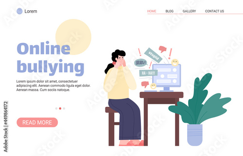 Online or cyberbullying web banner template, flat cartoon vector illustration.