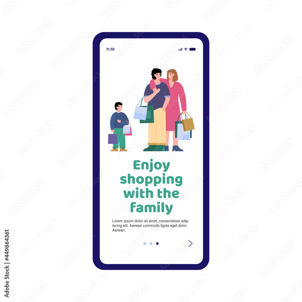 Fototapeta premium Family shopping onboarding adaptation screen, flat cartoon vector illustration.