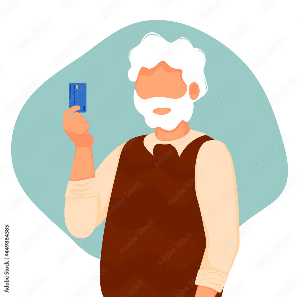 Elderly man holds a debit card in his hand. Vector illustration. Payment by credit card, payment using an electronic wallet.