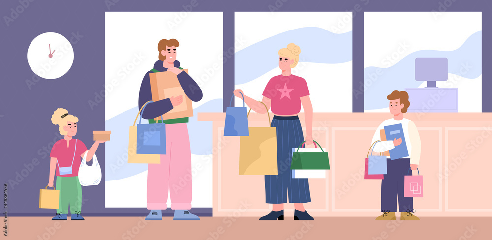 Family with shopping bags in front of cashier counter, flat vector illustration.